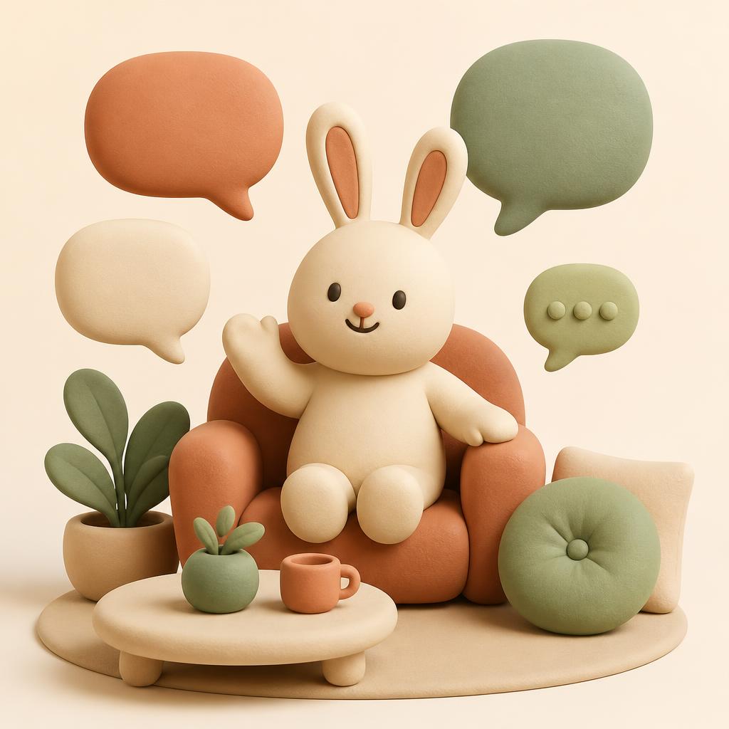 Friendly clay rabbit in a warm lounge surrounded by chat bubbles